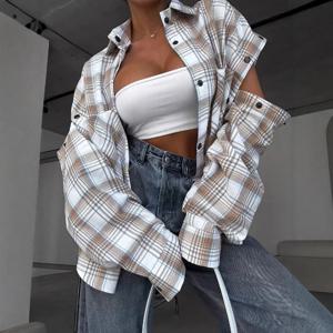 여성용 봄 블라우스 재킷 셔츠 체크 무늬 반팔 포켓 레트로 고급스러운 시크 트렌디 미니멀리스트 패셔너블 편안함