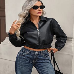 Ailegogo 새로운 여성 빈티지 짧은 인조 가죽 자켓 streetwear 여성 지퍼 턴 다운 칼라 모토 바이커 코트 아웃웨어