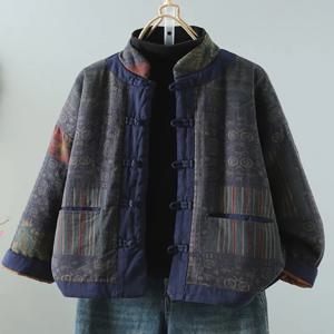 두꺼운 면 재킷 여성 겨울 아우터 따뜻한 플란넬 프린트 버튼업 스탠드 칼라 슬리밍 코트 에스닉 스타일 통근복