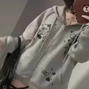 귀여운 만화 고양이 프린트 후드티 여성용 오버사이즈 플리스 안감 스웨트셔츠 트렌디한 아우터 가을 겨울 패셔너블 재킷