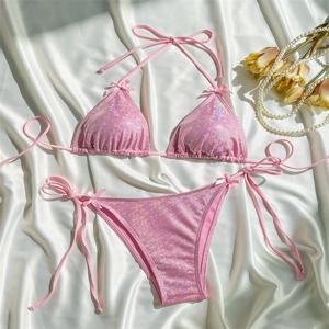 여성용 샤이니 핑크 비키니, 익스트림 스트링 백리스 수영복, 카와이 나비 매듭, 바캉스 수영복, 마이크로 탱가스, 비치 목욕 세트