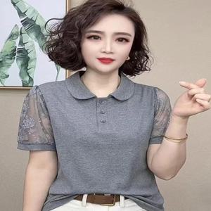 여름 반팔 티셔츠 여성용 퓨어 컬러 폴로 칼라 레이스 중년 엄마 패션 슬리밍 탑 한국 스타일 루즈핏