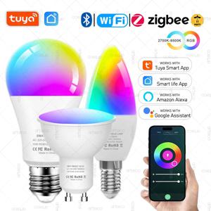 투야 지그비 와이파이 블루투스 E27 E14 GU10 LED 전구 스마트 라이프 앱 제어 RGBCW 디밍 가능 램프 스마트 전구 알렉사와 호환