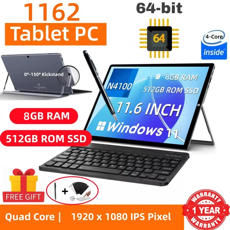 8GB 램 512GB SSD ROM 11.6인치 윈도우 11 태블릿 PC 64비트 인텔 셀러론 프로세서 N4100 1920 x 1080 픽셀 2개의 USB 3.0 타입-C 포트