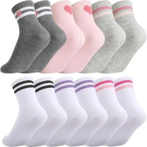 3 쌍 9-12세 어린이 소녀용 크루 운동 양말, 레트로 줄무늬 하트 만화 패턴, 러닝 스포츠 야외 활동용