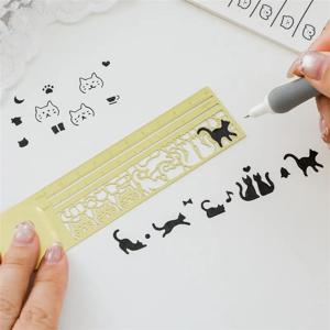 1pc Kawaii 고양이 눈금자 중공 금속 책갈피 눈금자 그림 그리기 일기 손 계산 도구를위한 다기능 눈금자 귀여운 선물