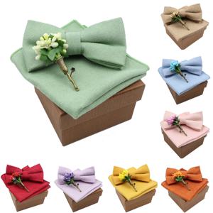 솔리드 컬러 코튼 Bowtie 손수건 꽃 브로치 남성 여성 파티 웨딩 블루 핑크 그린 Bowties 참신 넥타이 선물 세트