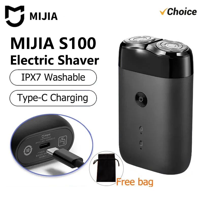 새로운 MIJIA 전기 면도기 S100 IPX7 방수 7200RPM 듀얼 플로팅 헤드 습식/건식 면도 타입-C 고속 충전 90분 USB 면도기 -CN