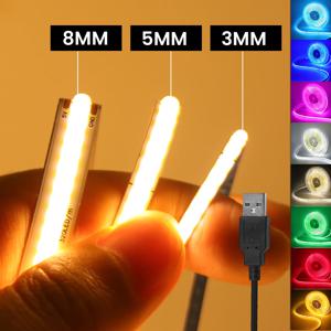 DC 5V USB COB 스트립 3MM 5MM 8MM 화이트/핑크/레드/화이트/옐로우/아이스 블루/그린 유연한 리본 로프 홈 데코 TV 백라이트