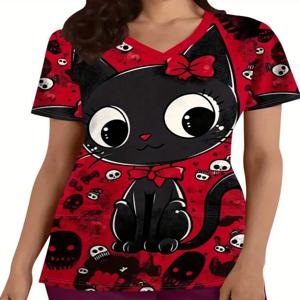 Surgical Uniform Woman Cute Cat Pattern Print V-Neck Short Sleeve Nurse Uniform Tops Comfortable with Pockets Medical Clothes