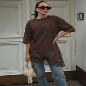 HH 여성 빈티지 솔리드 레이스 패치워크 티셔츠 비대칭 밑단 O 넥 반팔 셔츠 2026 트렌드 하이 스트리트 레이디 시크 티셔츠