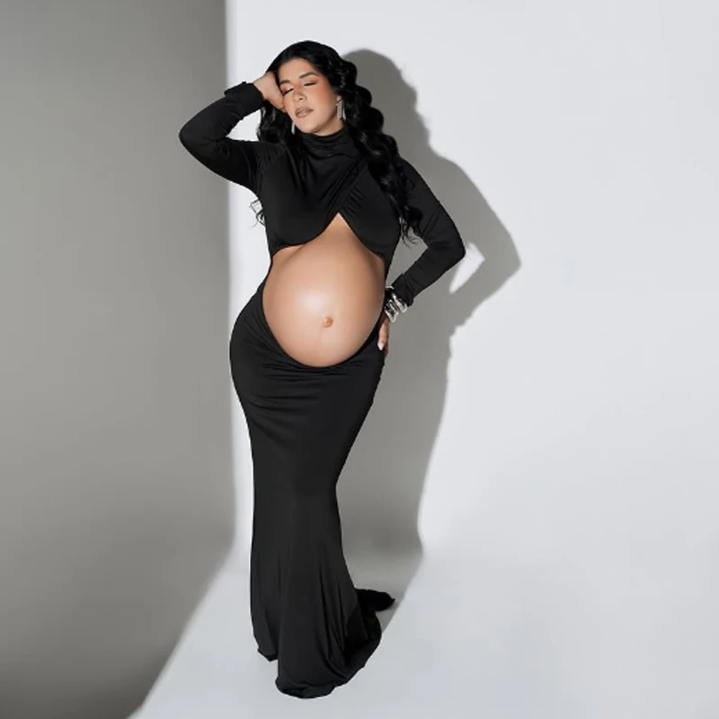 임신 복장 사진 소품 맥시 가운 터틀넥 풀 슬리브 컷 아웃 배꼽 Bodycon 출산 PhotoShoot 베이비 샤워