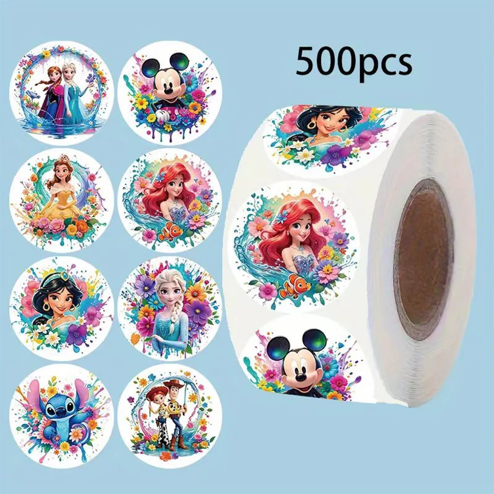 500pcs 디즈니 믹스 애니메이션 스티커 롤 귀여운 공주 미키 마우스 씰링 라벨 장식 데칼 어린이 파티 스티커 장난감 선물