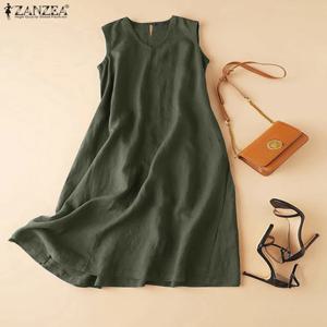 ZANZEA 플러스 사이즈 코튼 민소매 드레스 2025 여름 여성 캐주얼 V 넥 솔리드 Sundress 루즈 베스 티드 빈티지 가운 Femme