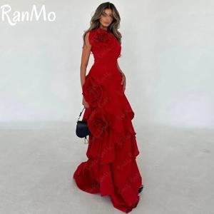 Ranmo 우아한 레드 3D 꽃 A 라인 태피터 이브닝 드레스 Strapless Floor-Length 웨딩 드레스 민소매 vestidos de fiesta