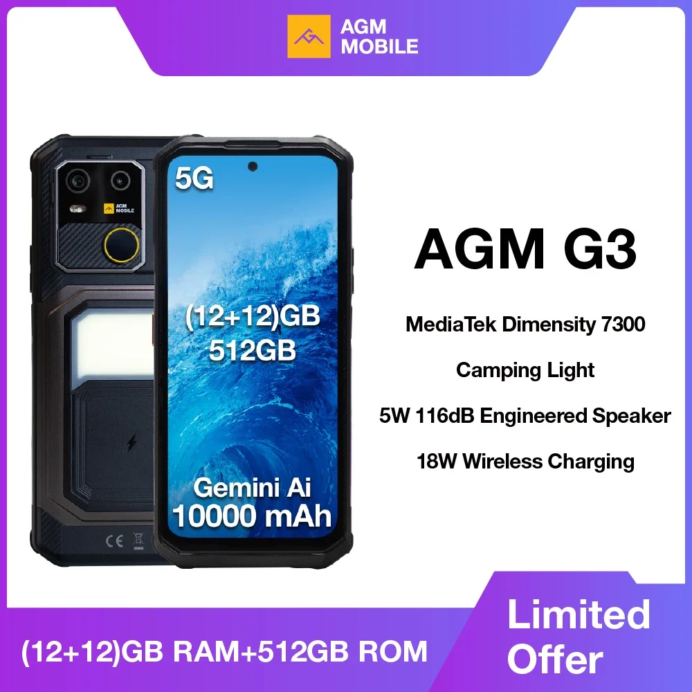 AGM G3 5G 러기드폰 24GB(12+12) 512GB 무선 충전 10000mAh 배터리 6.72인치 120Hz 디멘시티 7300 안드로이드15 캠핑 라이트