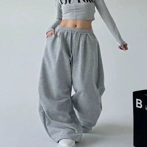 2025 신상 하라주쿠 와이드 레그 스웨트팬츠 여성 스트리트웨어 배기 오버사이즈 그레이 스포츠 팬츠 여성 드로스트링 캐주얼 조거 팬츠