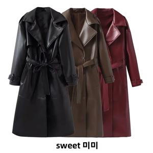 가죽 윈드브레이커 코트 여성용 가을 겨울 루즈핏 벨트 레드 와인 색상 스트릿 스타일 캐주얼 패션 아우터웨어