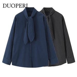 DUOPERI 여성용 리본 체크무늬 싱글 브레스티드 블라우스 스카프 칼라 긴 소매 여성 우아한 시크 레이디 셔츠