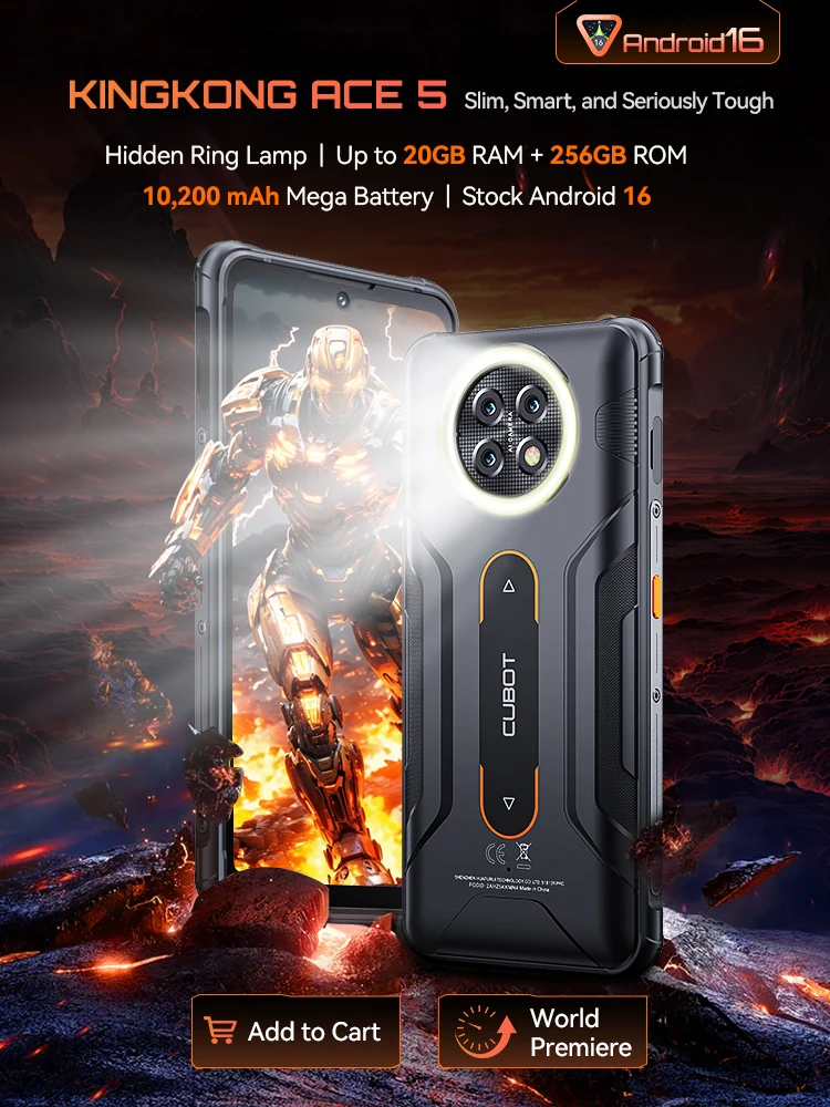 견고한 스마트폰, 안드로이드 16, Cubot KingKong ACE 5, 20GB RAM (8GB+12GB 확장 가능), 256GB ROM, 10200mAh 배터리, 6.745인치 120Hz 화면, 48MP 카메라, NFC, 숨겨진 링 램프, 4G Smartphone Android 16, mobile phones,  장바구니에 담기