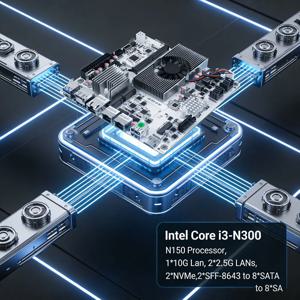 8베이 NAS 미니 ITX 마더보드 인텔 코어 i3-N300 N150 1*SO-DIMM DDR5 2*M.2 NVMe 8*SATA 1*10G 2*2.5G LAN HDMI+DP 듀얼 4K 디스플레이
