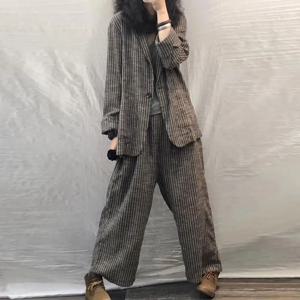 2026 봄 가을 여성 정장 큰 사이즈 캐주얼 정장 패션 아트 레트로 루즈핏 투피스 세트 여성 정장 블레이저 팬츠 린넨 세트
