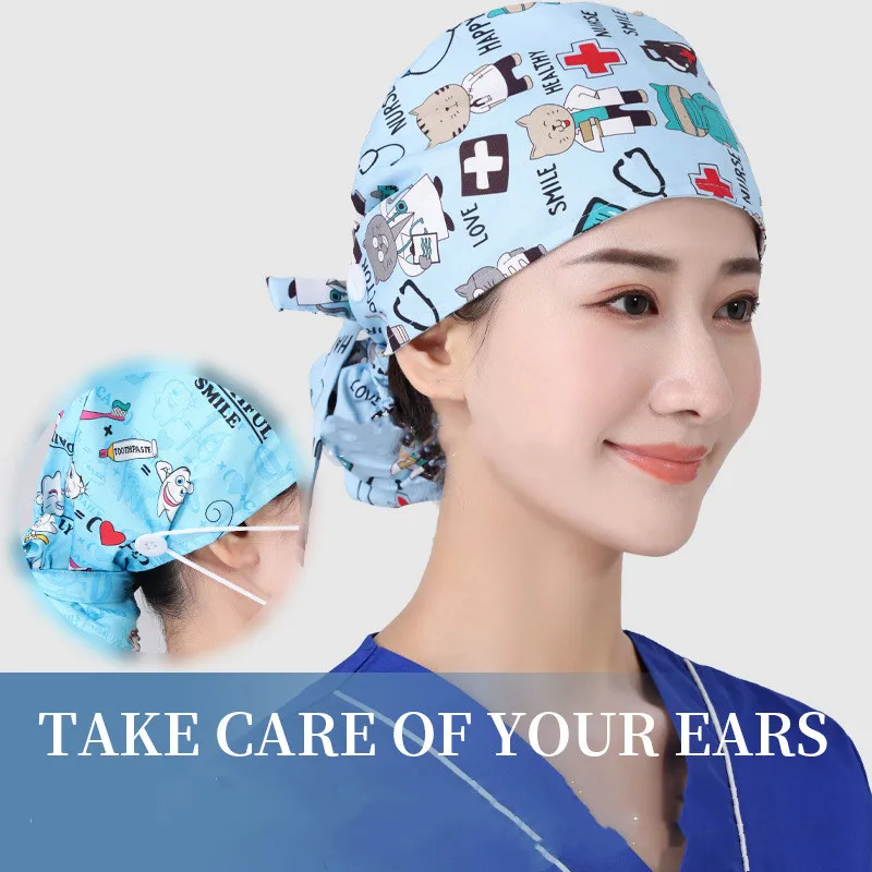 수술실 작업 모자 여성 긴 머리 커버 모자 미용사 요리 요리사 모자 간호사 모자를 쓰고 있죠 터번 코튼 간호사 모자