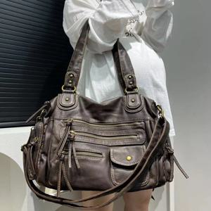 Y2K 뜨거운 여자 싱글 어깨 Crossbody 가방 빈티지 씻어 가죽 오토바이 가방 대용량 멀티 포켓 가방