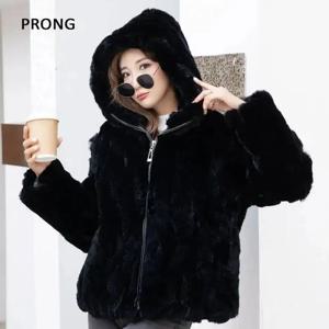 100% 진짜 토끼 모피 코트 여성 겨울 느슨한 후드 지퍼 천연 모피 자켓 두꺼운 따뜻한 여성 의류 여성 모피 겉옷