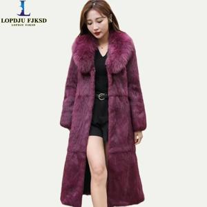 여성용 리얼 렉스 토끼 모피 코트, 두껍고 따뜻한 긴 재킷, 여우 모피 칼라, 우아한 여성 따뜻한 아우터, 가을, 겨울, 신상 패션