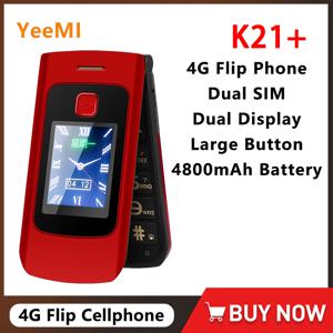 YeeMI K21 + 4G 플립 폰 빅 버튼 2.6 인치 화면 듀얼 SIM 듀얼 스크린 기능 폰 노인용 4800mAh 러시아어 키보드