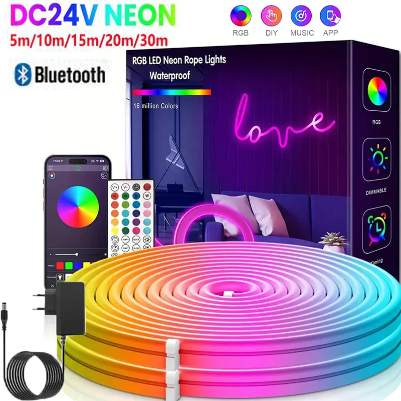 EU 플러그 DC24V 3535 RGB 네온 LED 스트립 5/10/15/20/30M 블루투스 음악 동기화 방수 네온 로프 조명 (실내외 장식용)