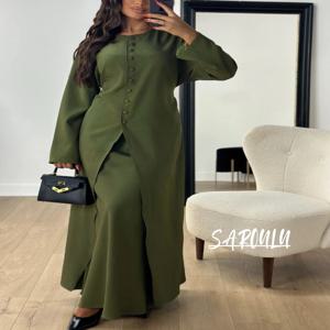 이슬람 오 넥 Kaftan 새틴 이브닝 드레스 간단한 2 피스 가운 겸손한 Abaya 여성 Caftan 새로운 도착 공식 파티 버튼 가운