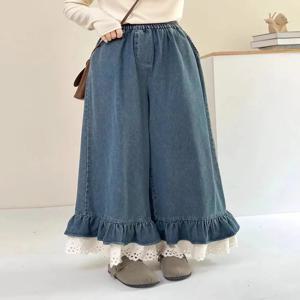 레이스 패치 워크 여성 청바지 가을 특대 달콤한 느슨한 캐주얼 프릴 데님 바지 빈티지 streetwear 여성 와이드 레그 바지 새로운
