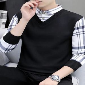 세련된 니트 슬림핏 긴팔 셔츠 칼라 스웨터 남성용 가을 아우터 캐주얼 스타일 폴리에스터 섬유 청년 패션