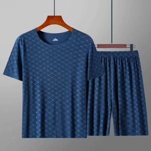 남성용 Homewear 세트 프린트 아이스 실크 티셔츠 반소매 반바지 투피스 세트 모달 캐주얼 실키 쿨링 잠옷 남성용 세트