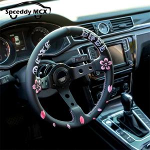JDM 12.5인치 13인치 320mm 레이싱 스티어링 휠 진짜 가죽 딥 디쉬 자동차 스포츠 스티어링 휠 자수 체리 블라썸