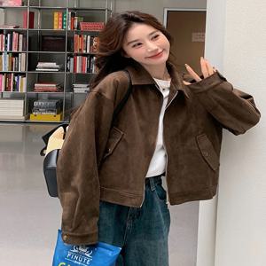 멋진 짧은 스웨이드 재킷 여성용 봄 가을 겨울 아메리칸 레트로 레이지 시크 가죽 재킷 포에ム 메모리 프린세스 브랜드