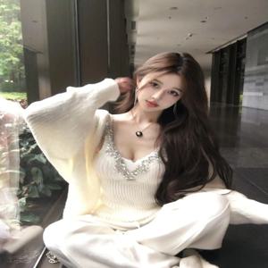 퓨어 디자이어 스파이시 걸 V넥 튜브탑 여성용 가을 겨울 니트 오픈 가디건 스웨터 다이아몬드 장식 스트랩 베스트 투피스 세트