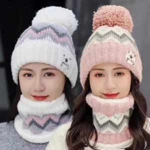 2PCS 겨울 여성 플러시 벨벳 모자 목 워머 모자 스카프 세트 비니 자전거 방풍 모자 야외 귀 보호