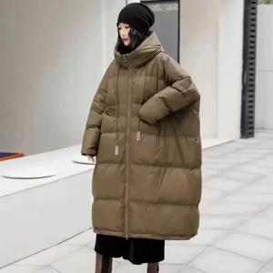 2025년 신상 화이트 덕 다운 재킷 후드 겨울 여성 오버사이즈 롱 패딩 코트 여성 두꺼운 따뜻한 루즈 파카 아우터 포켓 포함