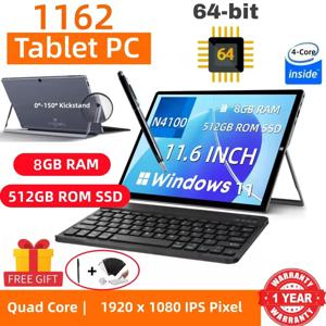 8GB 램 512GB SSD ROM 11.6인치 윈도우 11 태블릿 PC 64비트 인텔 셀러론 프로세서 N4100 1920 x 1080 픽셀 2개의 USB 3.0 타입-C 포트