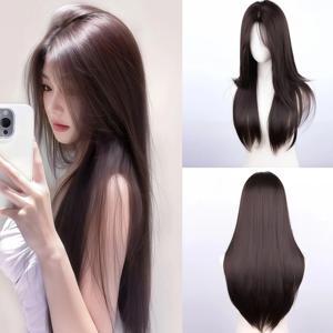내추럴 블랙 28인치 길이의 직모 합성 가발, 여성용 카니발, 성탄절에 적합합니다. 패트릭의 날, 개학 시즌