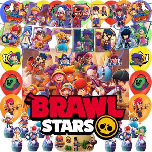 Brawl Stars 풍선 생일 축하 배너 게임 파티 장식 배경 케이크 토퍼 스티커 일회용 식기류 열쇠고리