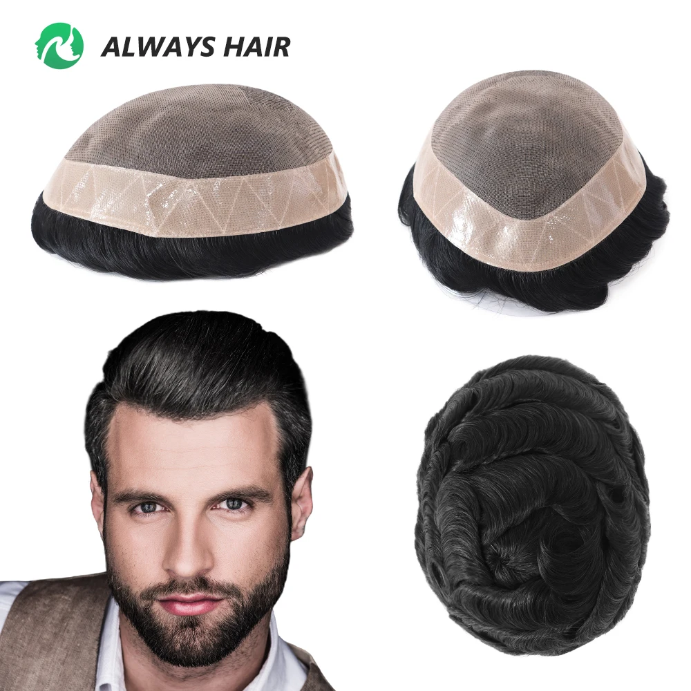 Alwayshair 파인 모노 남성용 숏 투페이 5인치 인도산 모발 남성용 모발 보형물 모노필라멘트 120 130 헤어 시스템 9x11