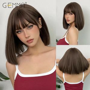GEMMA 여성용 다크 다크 브라운 밥 합성 천연 헤어 가발, 푹신한 앞머리, 짧은 스트레이트 가발, 내열성 데일리 코스프레 가발