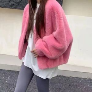 여성 브이넥 짧은 코트 가짜 밍크 모피 밍크 우아한 가을 겨울 코트