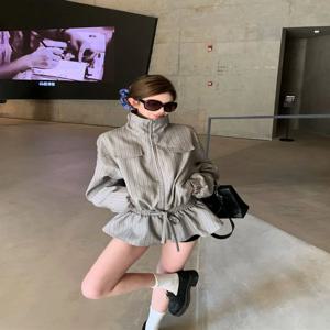 레트로 스트라이프 칼라 긴팔 오픈 가디건 재킷 여성용 루즈 캐주얼 중간 길이 코트 가을 시즌 우아한 상의