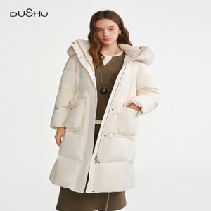 DUSHU 폭스 퍼 후드 롱 다운 재킷 신상 겨울 중간 길이 코트 허리 강조 심플 루즈핏 레저 일상 따뜻한 올매치 인