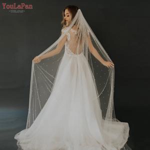 YouLaPan V05 럭셔리 브라이덜 튤 브라이덜 베일 진주 웨딩 베일 헤어콤 포함 1단 롱 웨딩 베일 캐시드럴 웨딩 베일